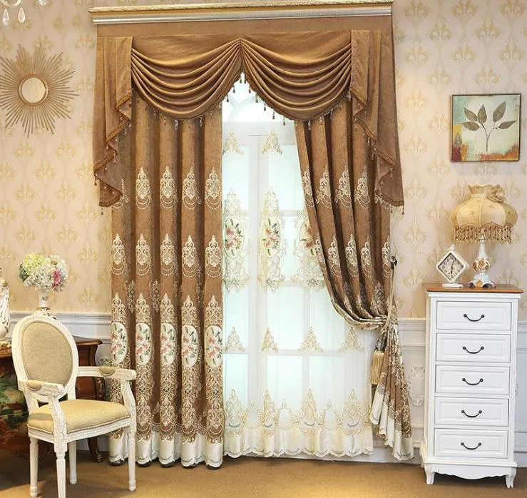 European Style Thickened Shading Blackout Chenille Embroidered Curtain Fabric for Bedroom Living Room Balcony